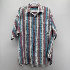 Vintage Today’s News Button Up Red‎ White Blue Stripe Short Sleeve